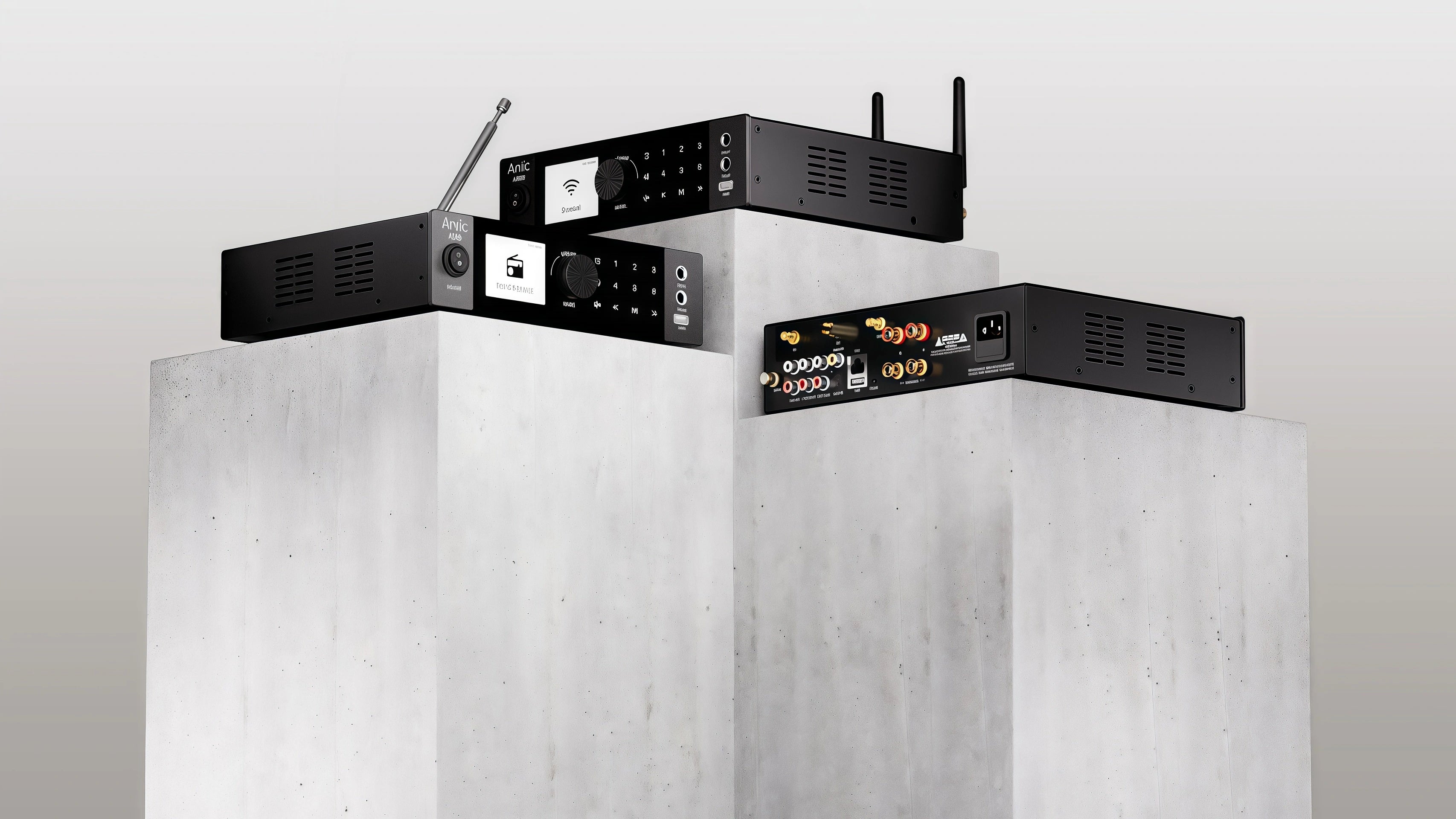 Arylic A50+ wireless streaming amplifier showcase, featuring WiFi, AirPlay 2, Spotify Connect, and multiple input/output ports, ideal for home theater and Hi-Fi audio systems.