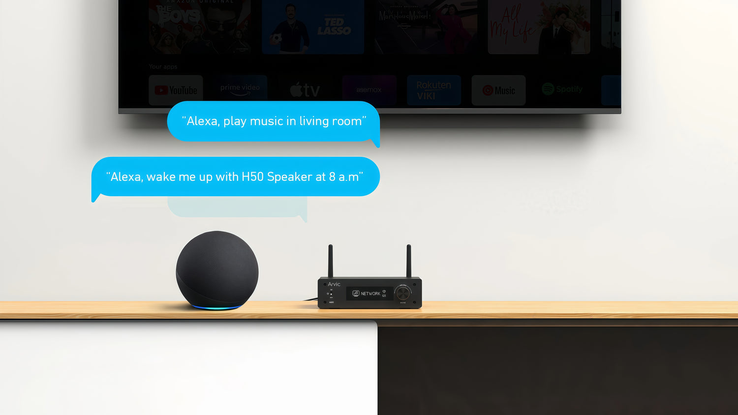 Arylic H50 wireless audio device with Amazon Alexa voice control, allowing users to play music, set alarms, and enjoy smart home audio experience.