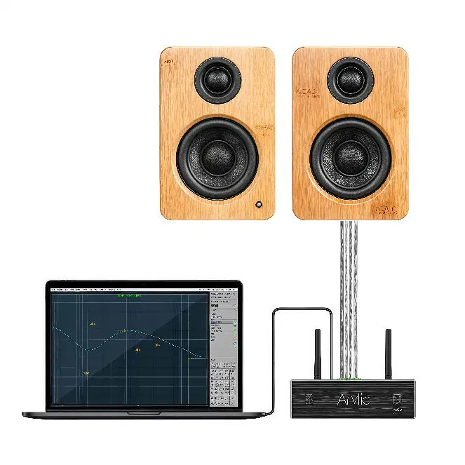 Arylic wireless audio amplifier connected to wooden speakers and computer, with EQ software for sound adjustment, ideal for Hi-Fi home music system.