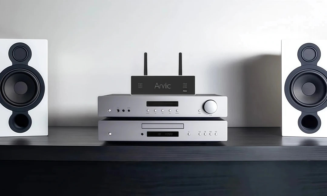 Arylic A50+ wireless stereo amplifier with WiFi and Bluetooth connection, designed for multiroom music playback and home audio systems.