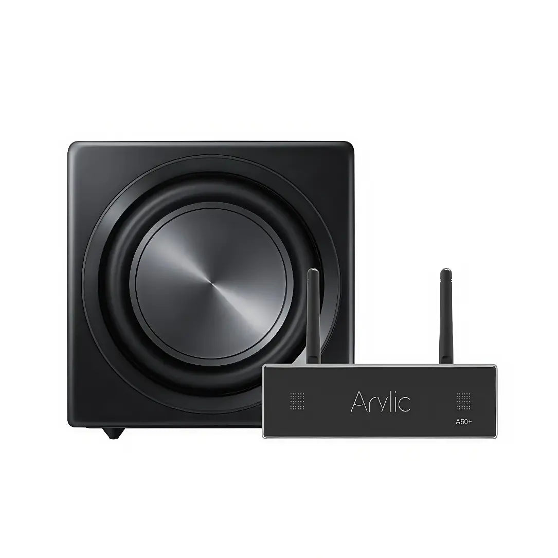 Arylic A50+ wireless amplifier paired with subwoofer, supporting WiFi and Bluetooth connection, ideal for home theater and Hi-Fi music playback.