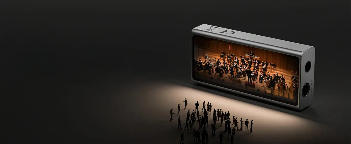 Questyle M15C portable DAC and headphone amplifier with creative design showing an orchestra performance on its body, symbolizing Hi-Fi immersive sound.