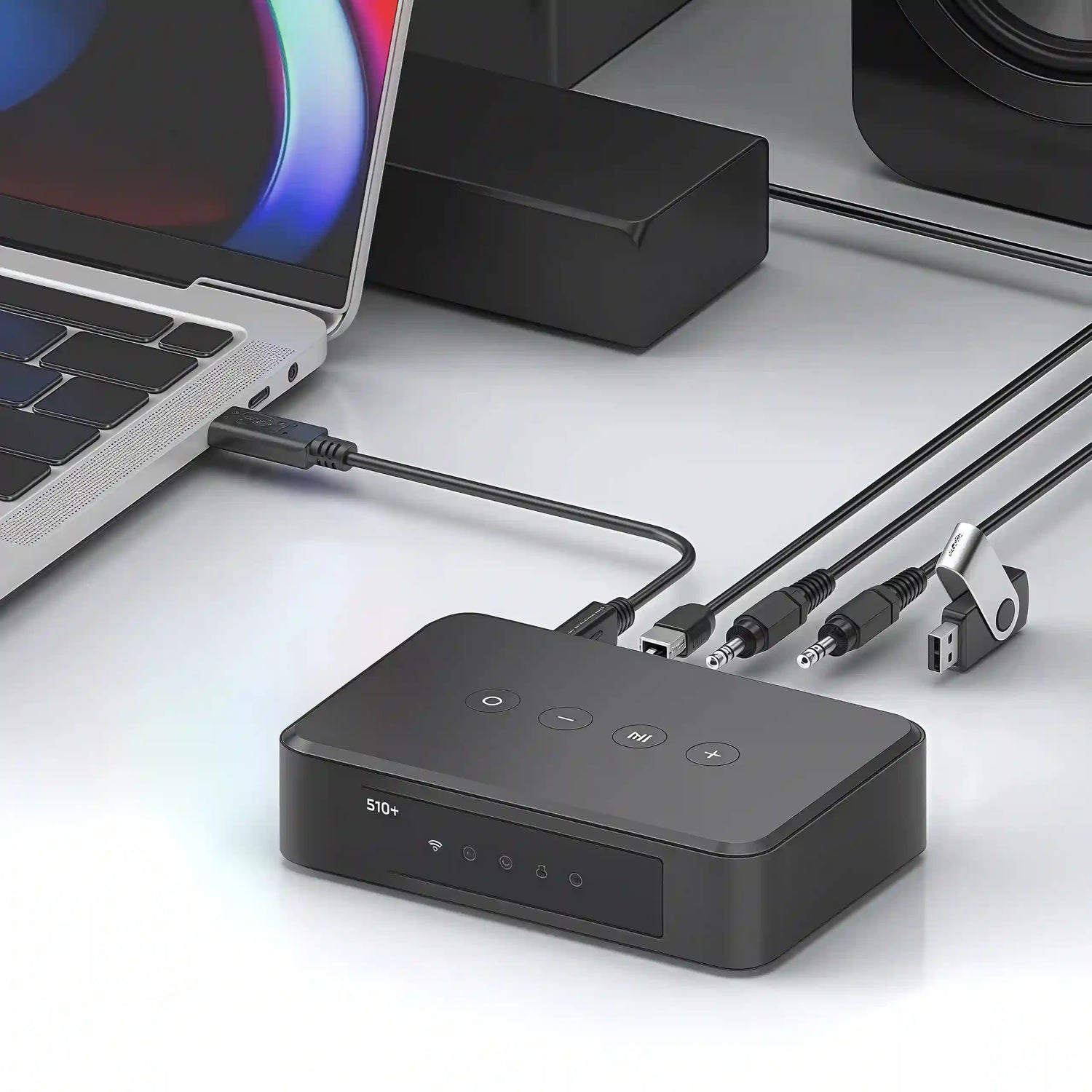 Arylic S10+ wireless music streamer, compatible with laptop and sound system via multiple connections.