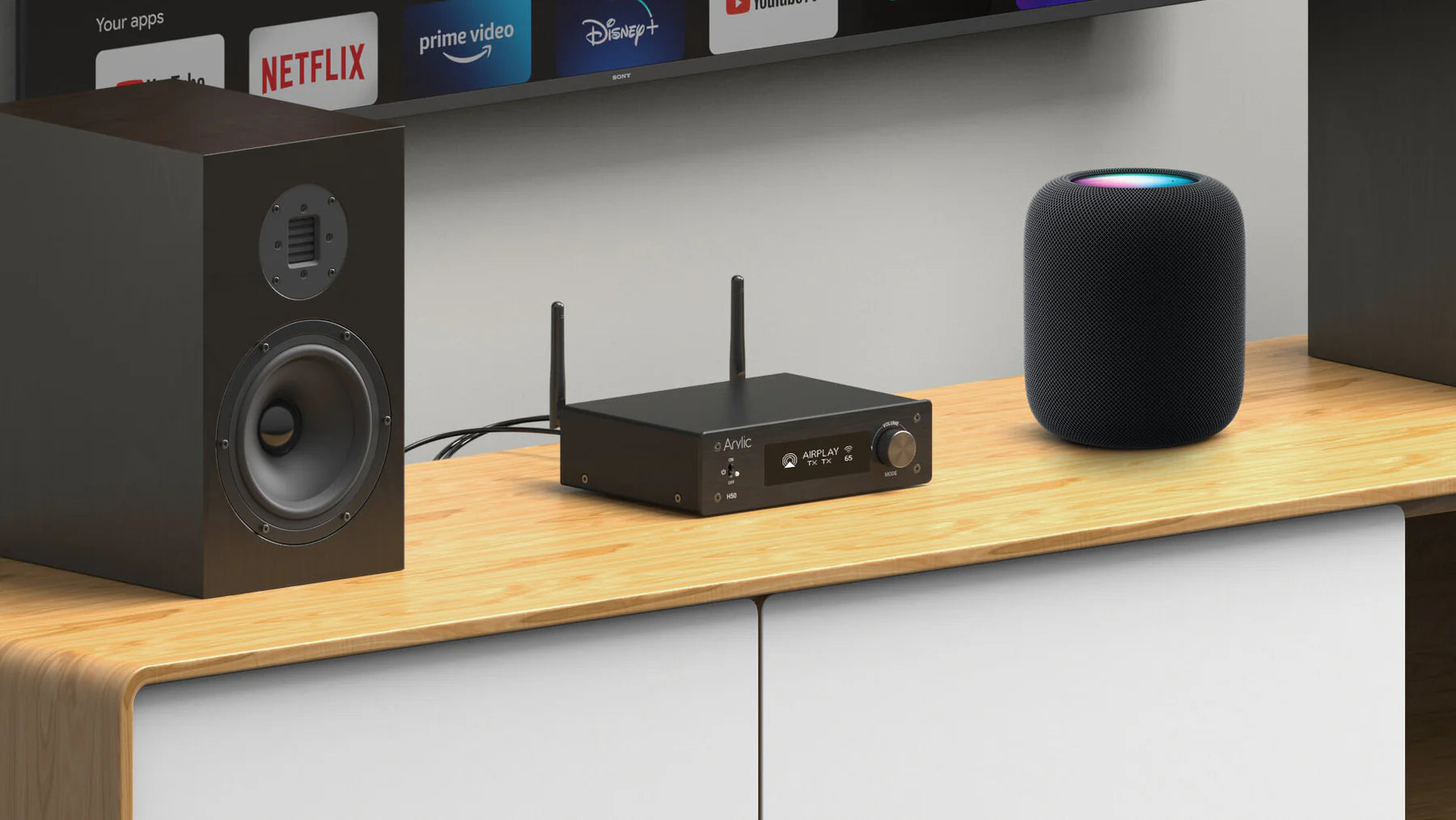 Arylic H50 wireless audio receiver connected with speaker system, supports AirPlay 2, WiFi, and Bluetooth streaming, paired with home theater speaker and smart speaker for Hi-Fi multiroom music playback.
