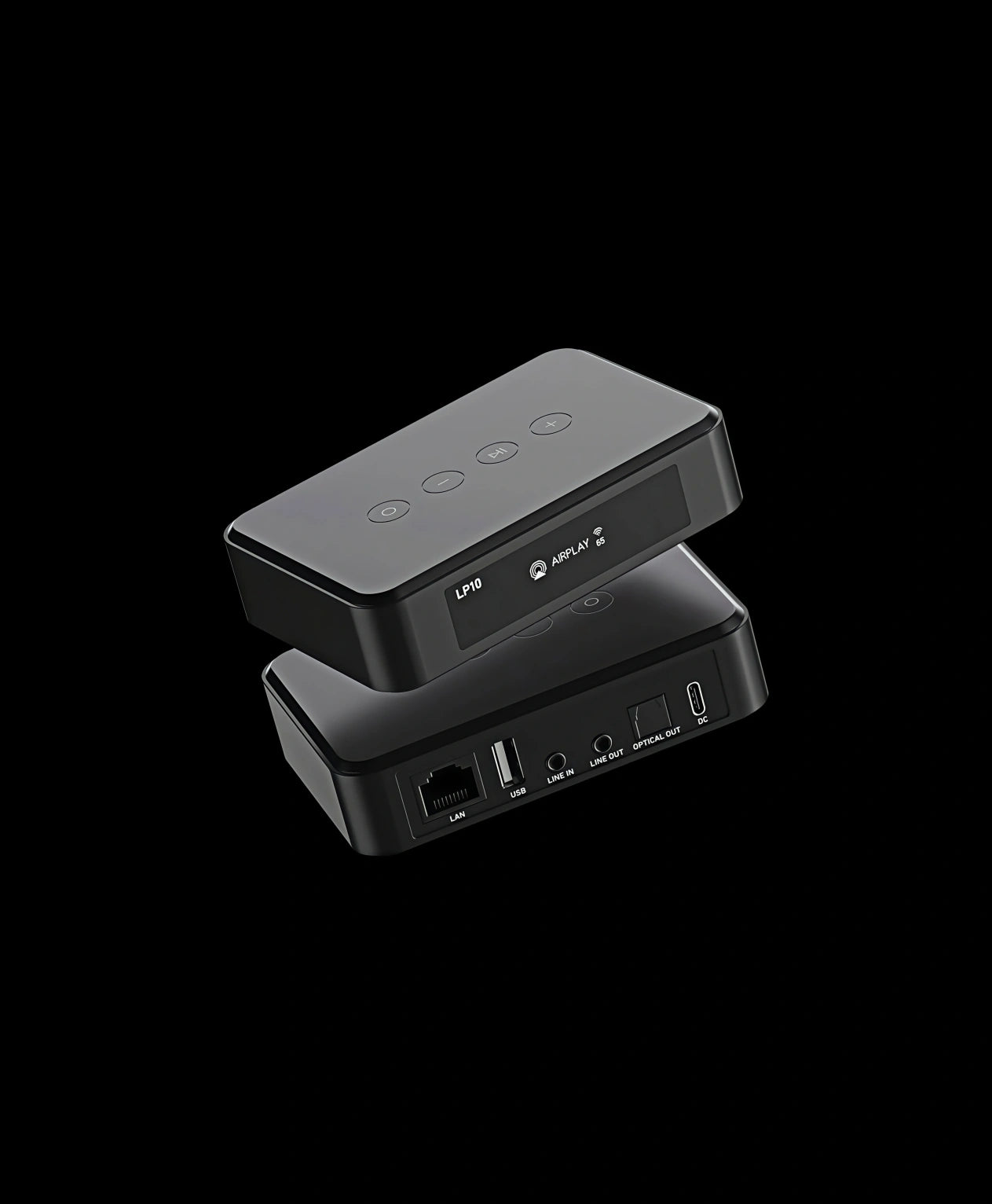 Arylic LP10 wireless audio streaming device showing front controls and rear connectivity ports including LAN, USB, line in, line out, optical out, and DC power
