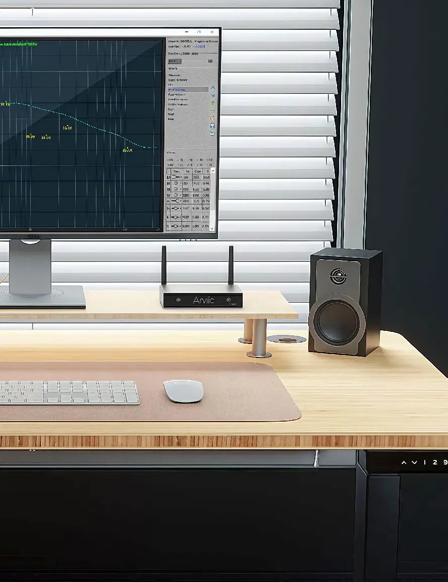 Arylic A30+ wireless mini amplifier paired with desktop speakers and computer, using EQ software for sound adjustment, ideal for office and home Hi-Fi music experience.