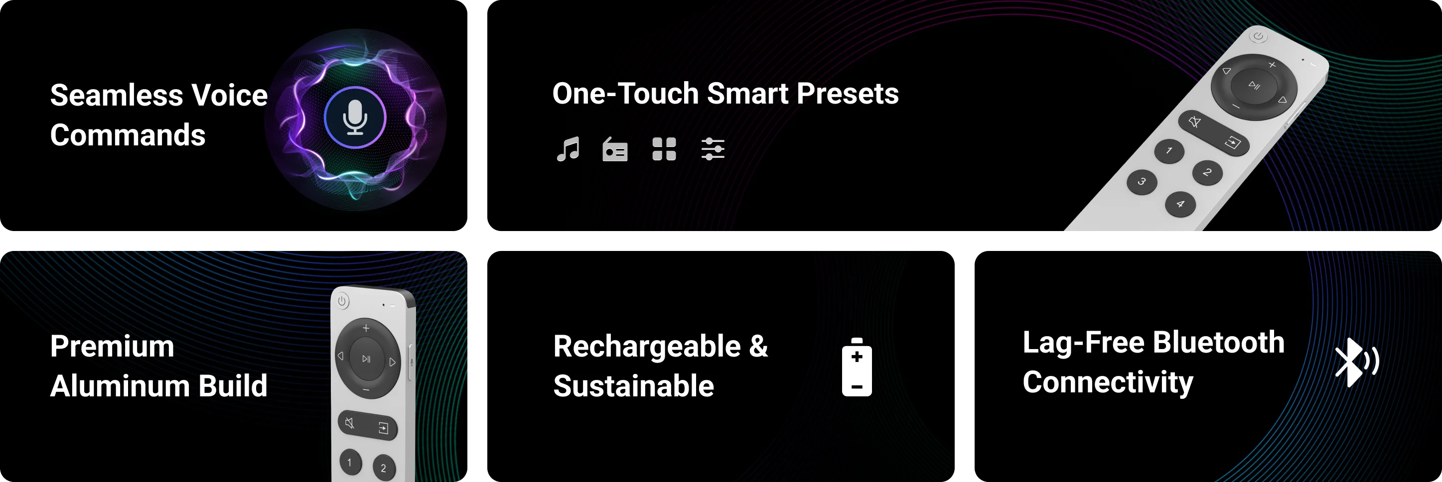 WiiM Remote Control features including seamless voice commands, one-touch smart presets, premium aluminum build, rechargeable design, and lag-free Bluetooth connectivity