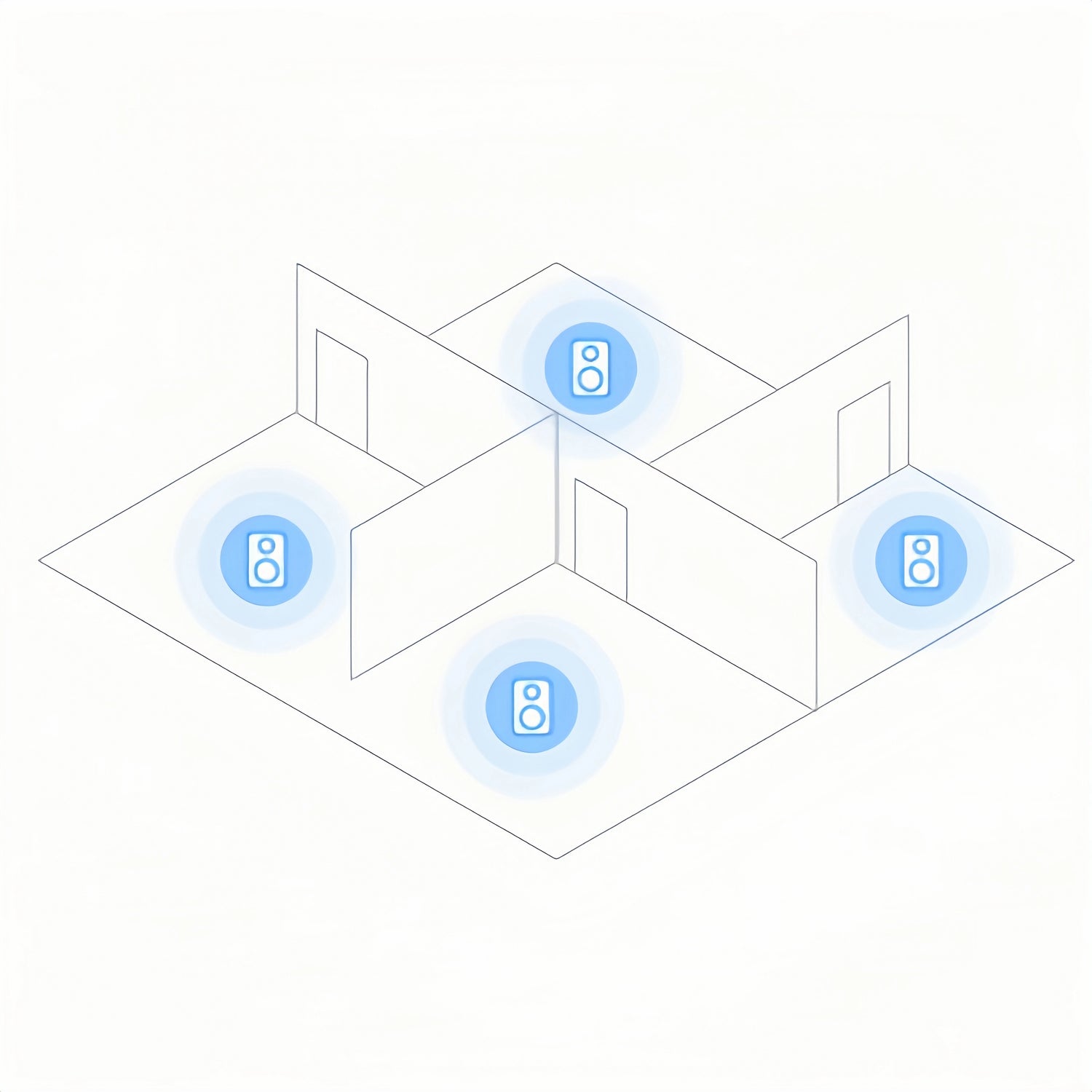 Home multiroom audio system diagram, supporting wireless multiroom music playback with independent or synchronized audio in each room.