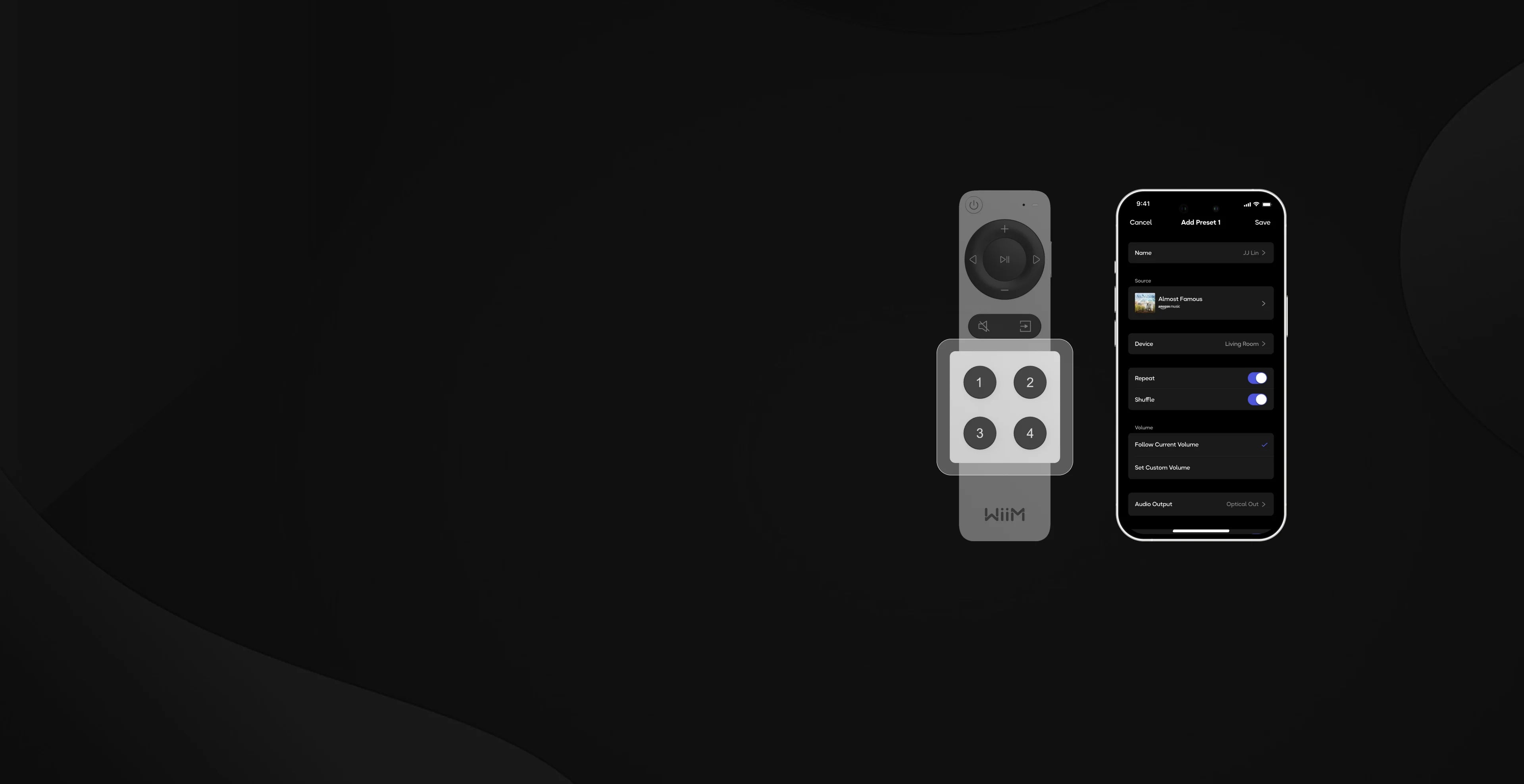 WiiM remote control with customizable one-touch presets shown alongside mobile app interface for saving and managing music playback settings