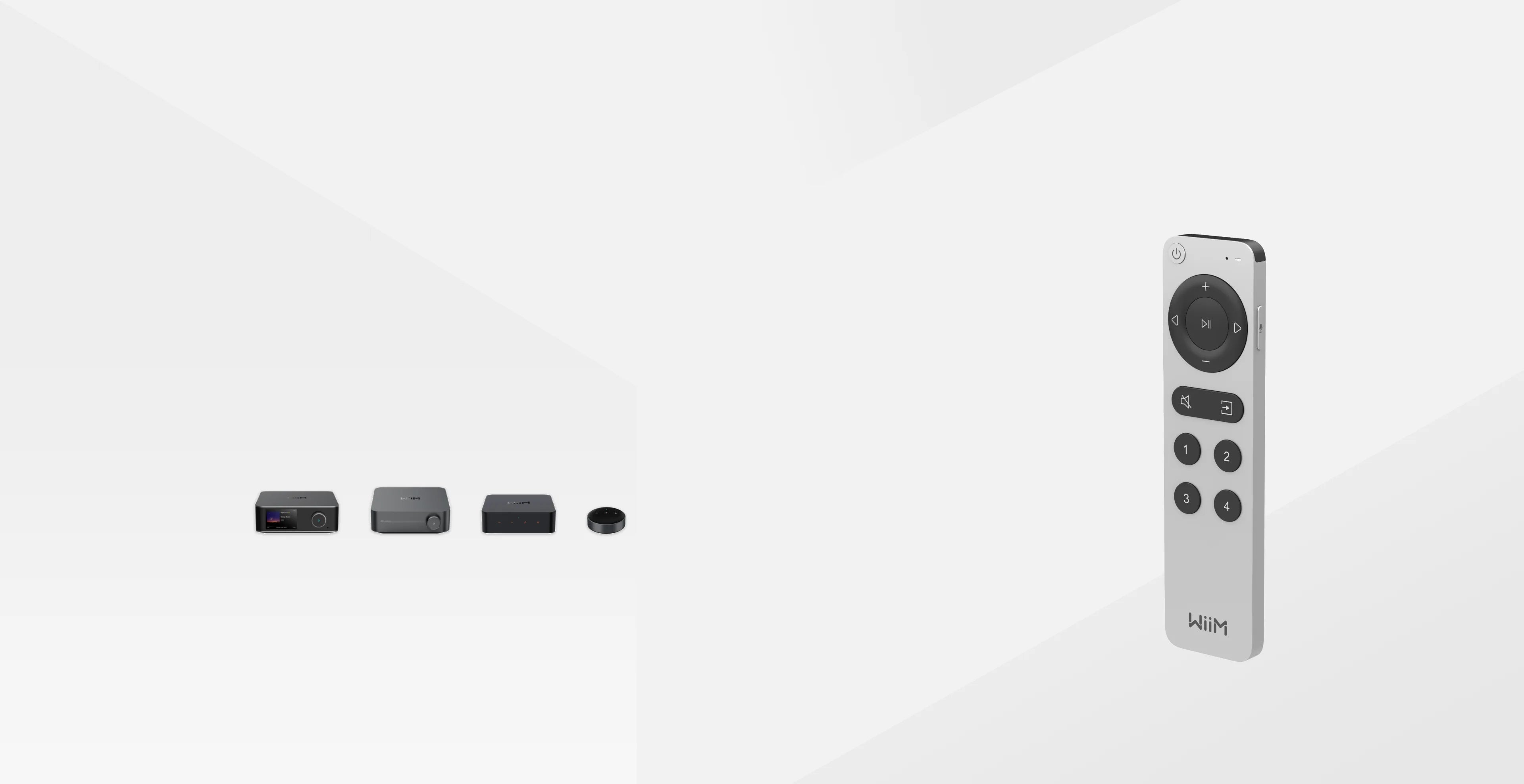 WiiM remote control compatible with multiple WiiM audio devices including streamers and amplifiers