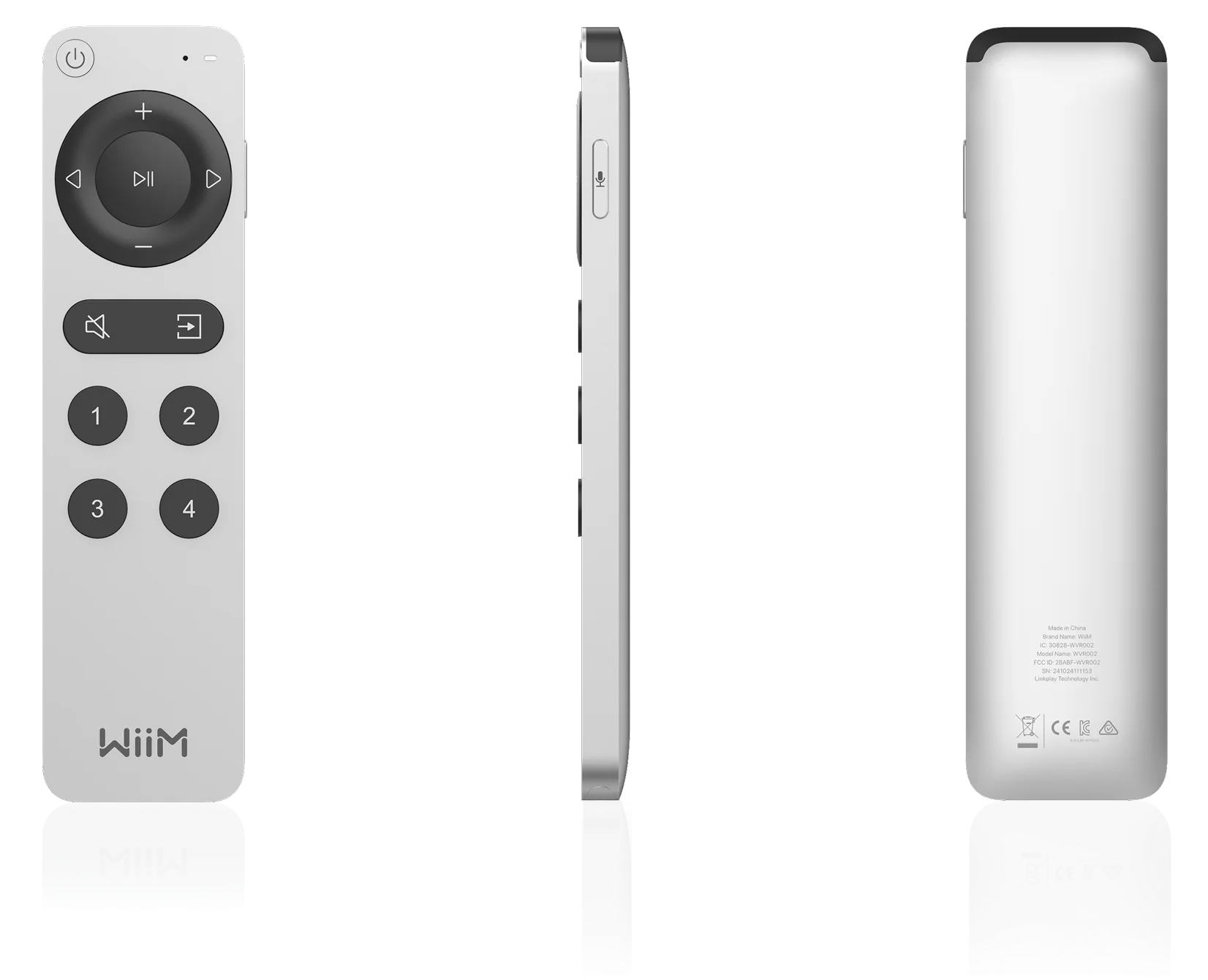 WiiM Remote Control front, side and back view