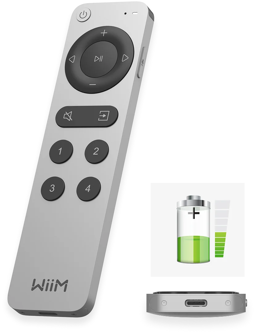WiiM remote control with rechargeable battery design and USB-C charging port