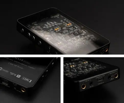 Questyle M15C close-up with transparent cover and 3.5mm/4.4mm/USB-C ports.
