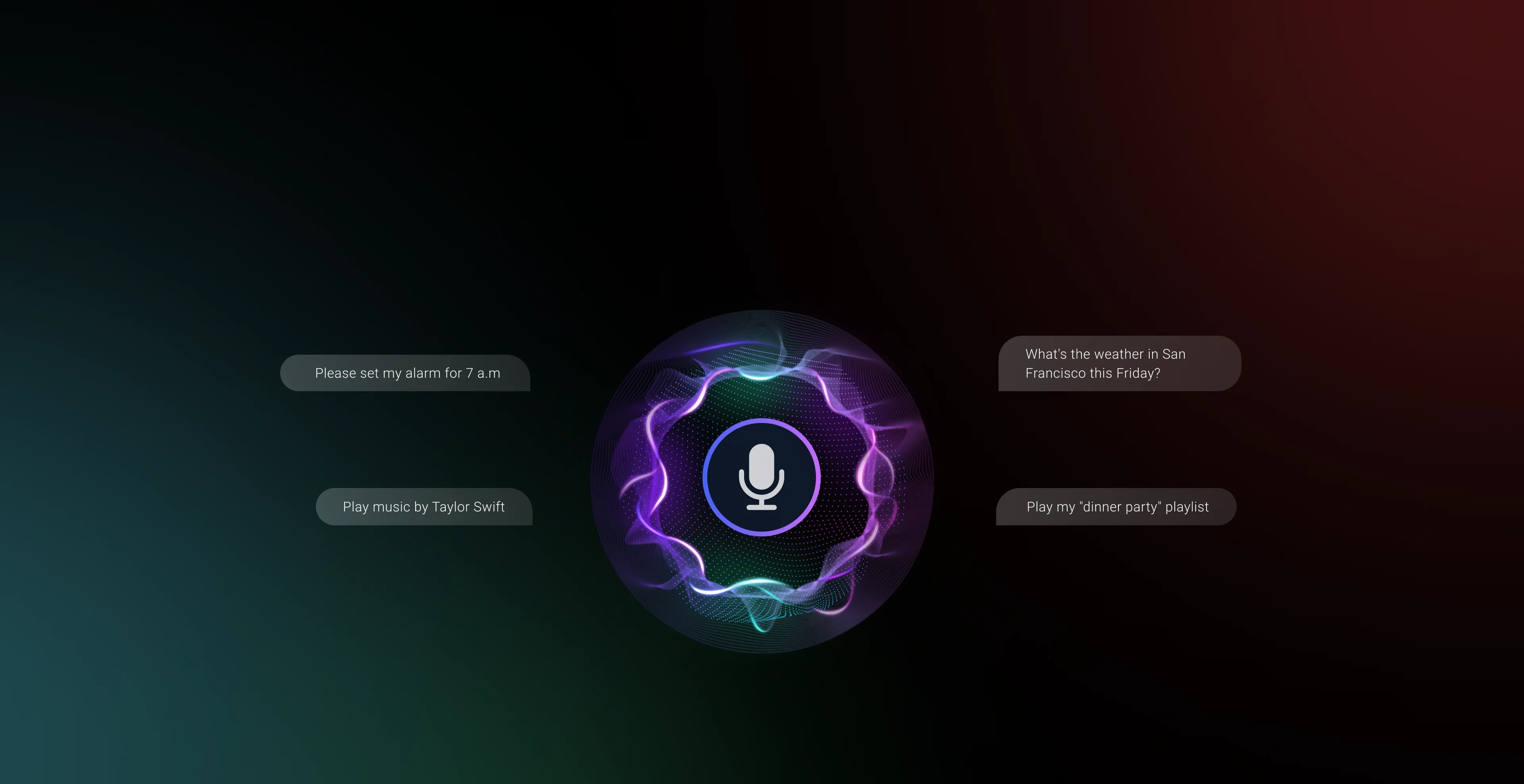 WiiM voice control interface with microphone icon and sample commands including setting alarm, playing music, checking weather, and playing playlists
