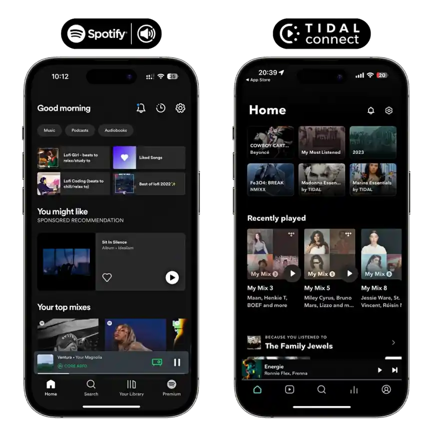 Smartphones showing Spotify and TIDAL Connect app interfaces, highlighting music streaming service compatibility