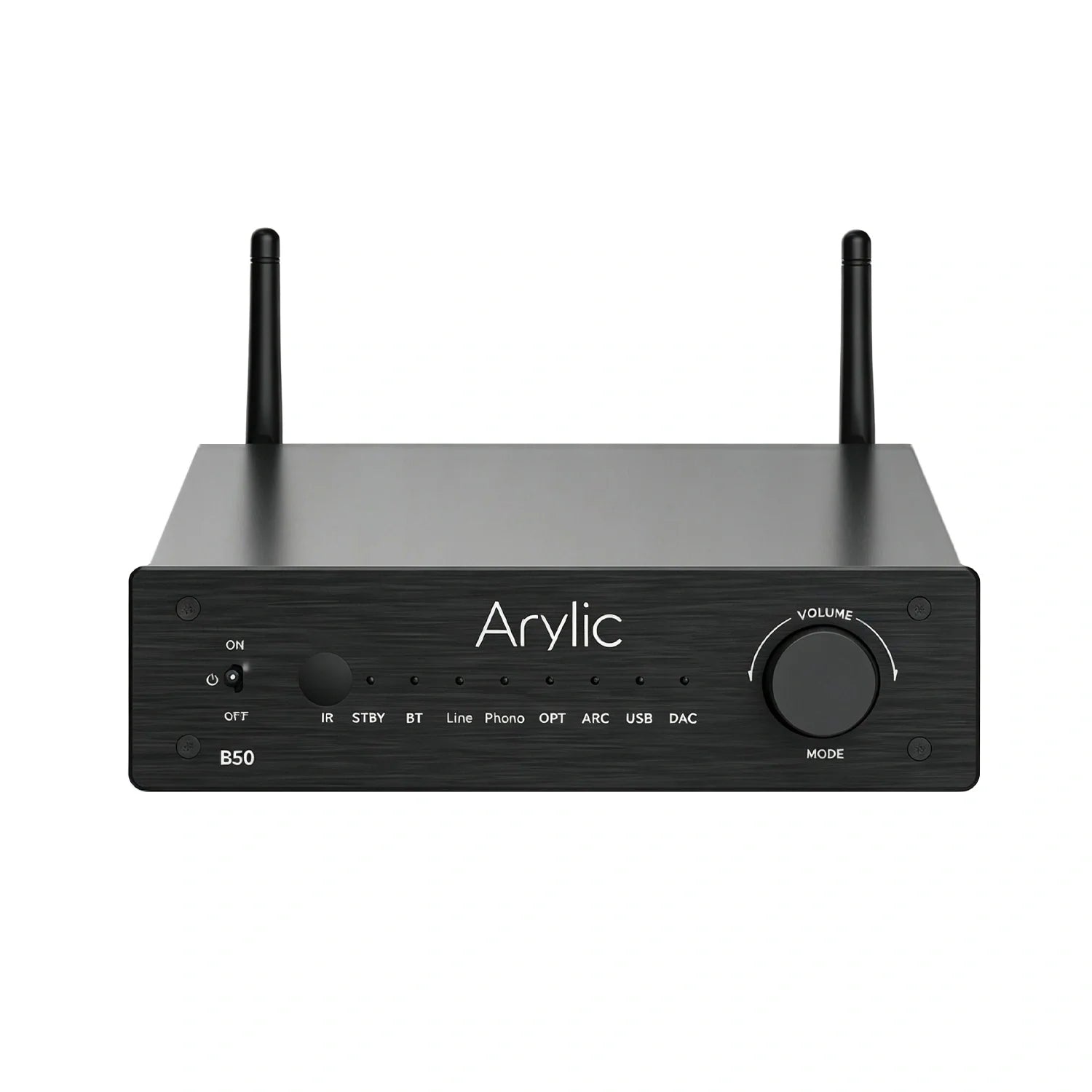 Amplificador Arylic B50 preto, com duas antenas e botão frontal de volume