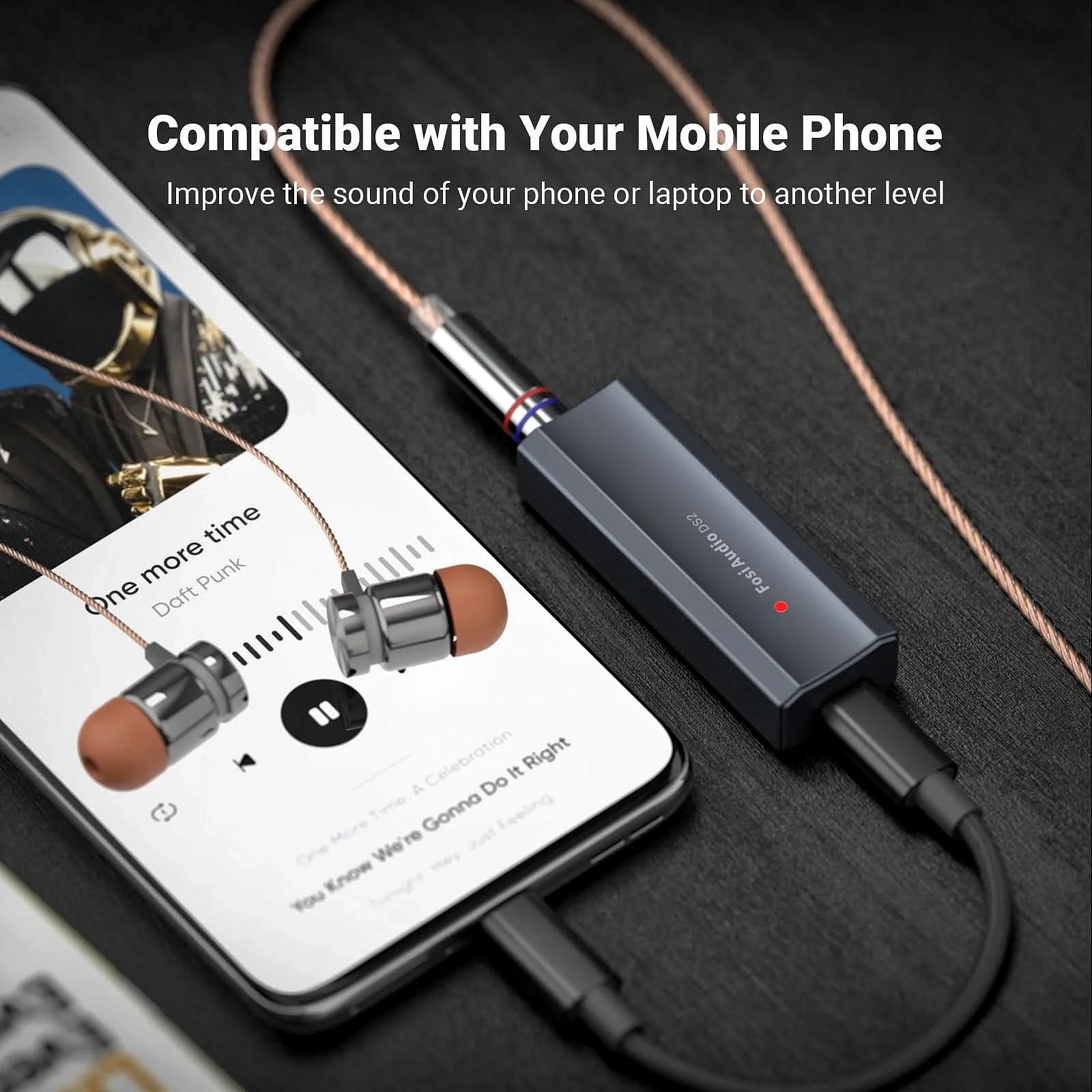 Fosi Audio DS2 USB dongle DAC drawing power from a smartphone