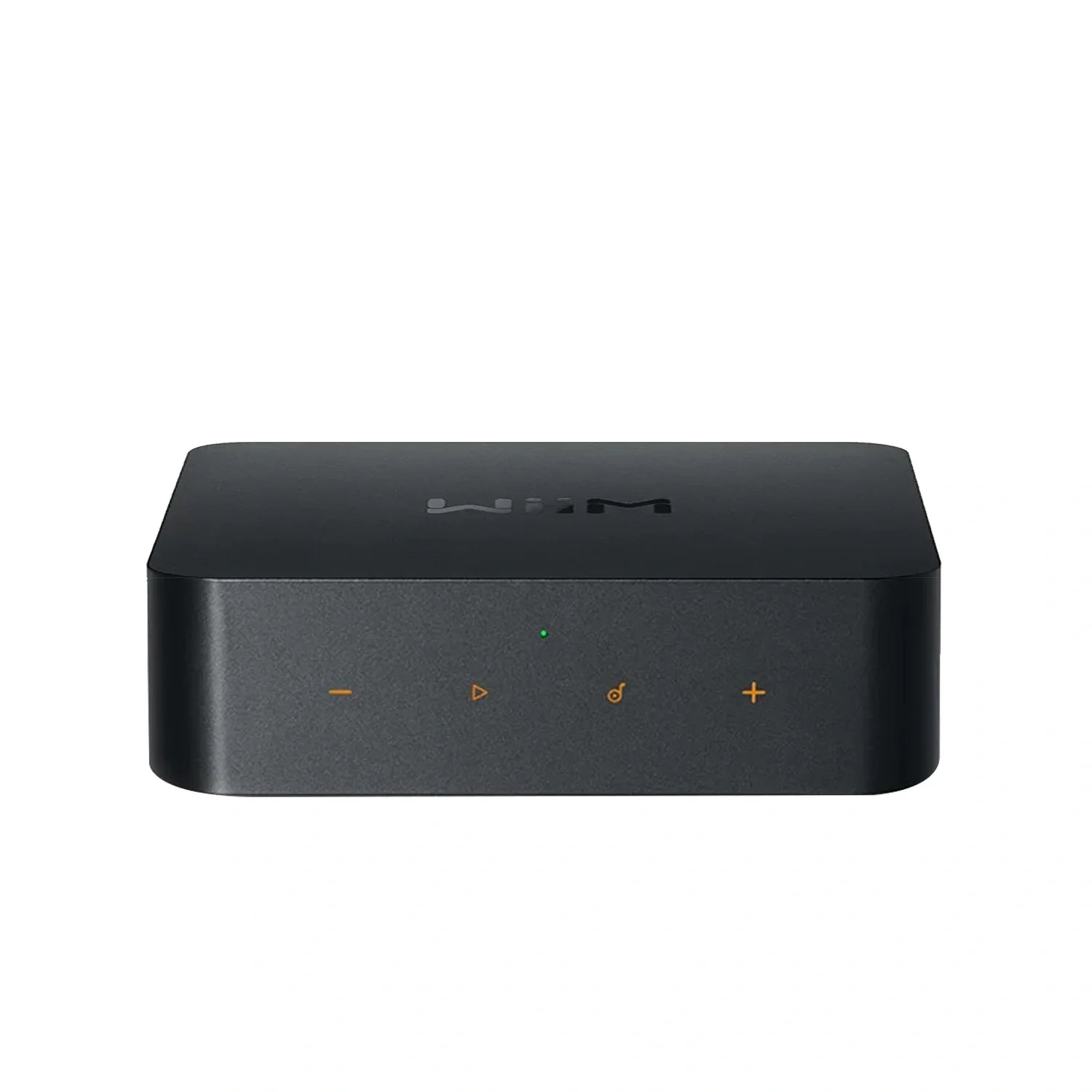 WiiM Pro preto visto de frente, com indicador luminoso e controles no painel frontal.