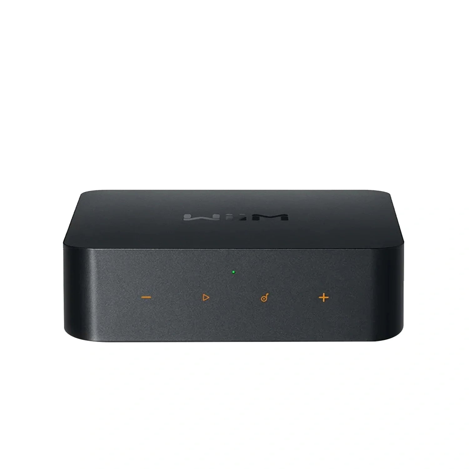 WiiM Pro preto visto de frente, com indicador verde e controles de reprodução no painel frontal.