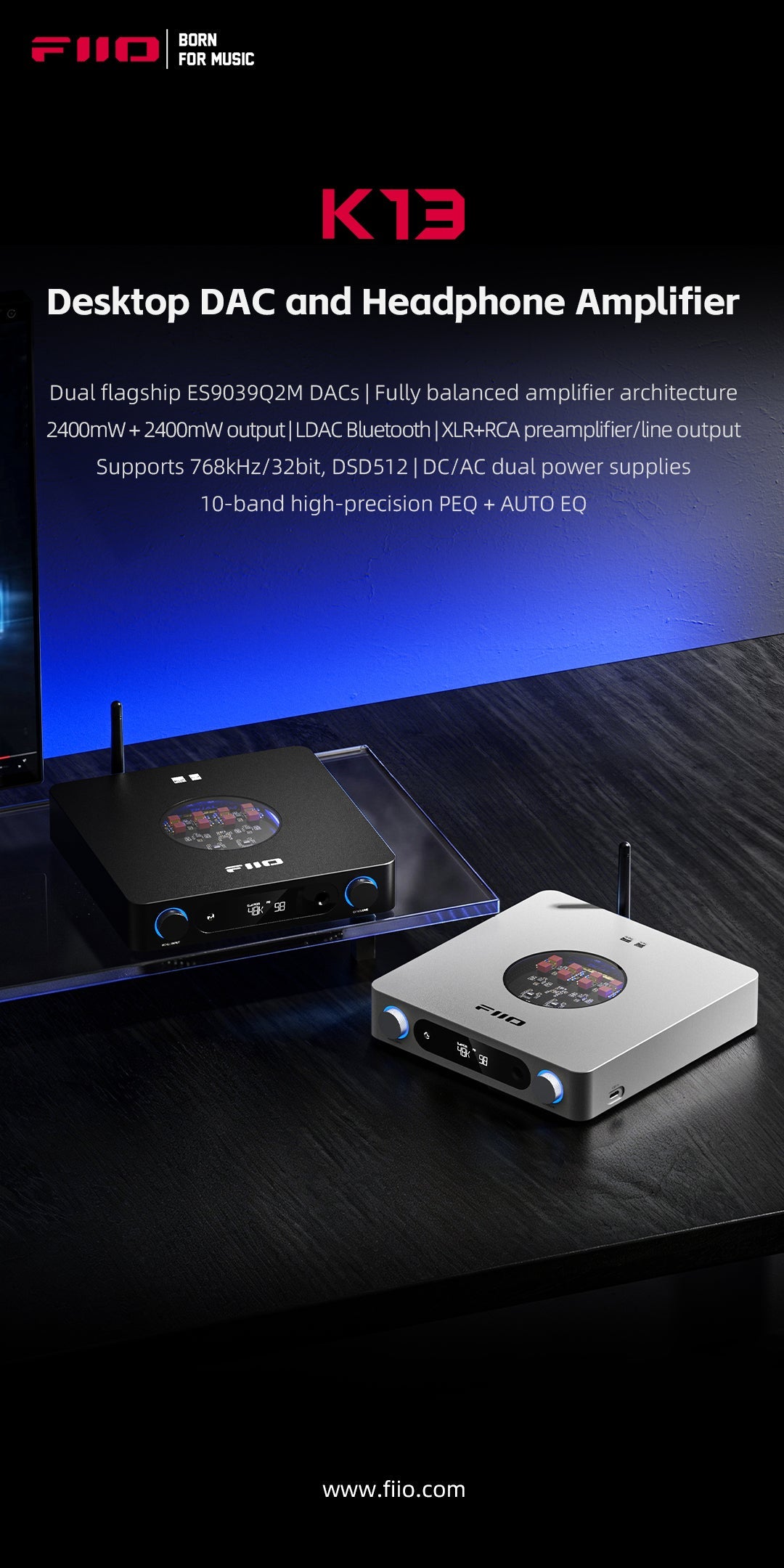Official FiiO K13 launch image showing the dual-ESS desktop DAC and headphone amplifier