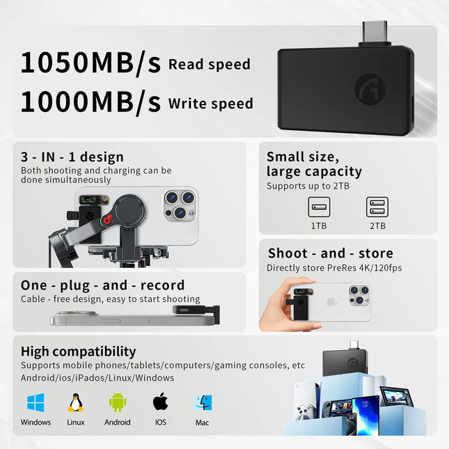 Aiffro P30 3 in 1 Portable SSD, Supports ProRes/Microphone