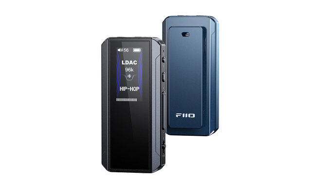 FiiO BTR13 Portable Bluetooth Headphone Amplifier with color screen and blue clip design.
