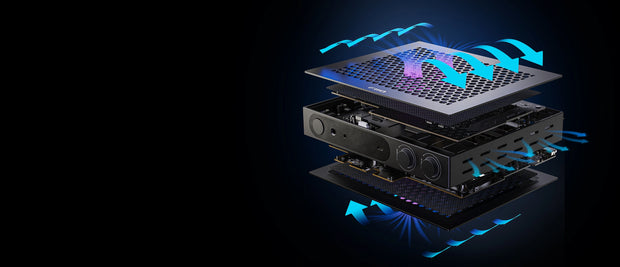 Banner image for: <h2>Dual internal and externalheat </h2><h2>dissipation, high energycoolly output</h2>