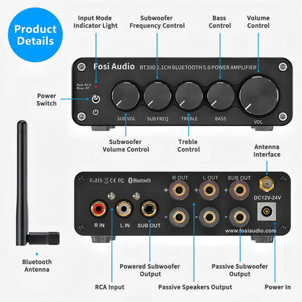 Fosi Audio BT30D – 2.1 Channel Class-D Bluetooth Amplifier with Sub Out