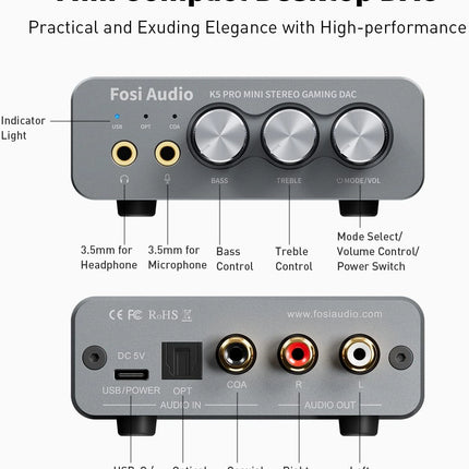 Fosi Audio K5 Pro – Mini Stereo Gaming DAC & Headphone Amplifier