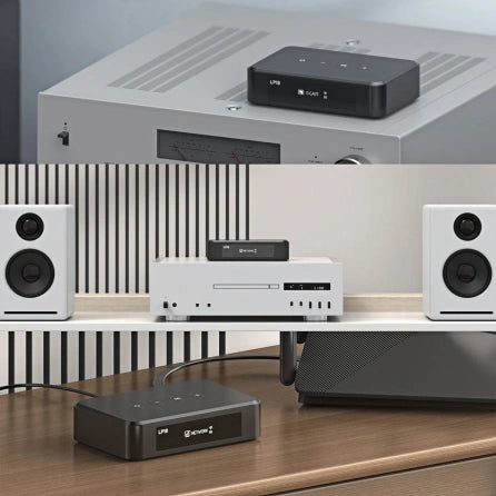 Arylic LP10 audio streaming device shown in multiple setups including amplifier, bookshelf speakers with CD player, and home entertainment system