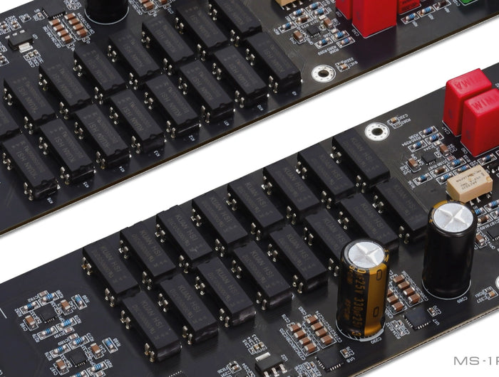<h2>Precision Resistor Volume Control</h2><p>The volume control is a critical factor affecting audio quality, ensuring lossless attenuation and consistent volume levels between channels is the prerequisite for good sound. MS-1 Pre has a built-in preamplifier which uses voltage-divider volume control by resistor array. Four high-quality volume control units composed of 64 precision resistors with 1‰ accuracy and 32 fully sealed reed relays which are switched rapidly by the MCU. This control method not only minimizes any impact on sound quality but also ensures excellent consistency between the two channels. The operation noise of the reed relays is almost inaudible even when changing volume continuously.</p>