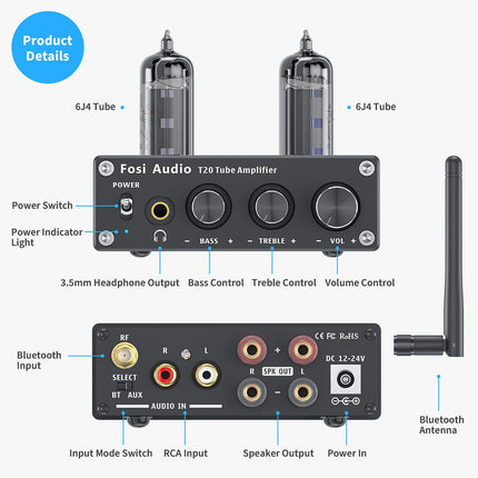 Fosi Audio T20 – Bluetooth Tube Hybrid Amp, 50W×2 Class-D