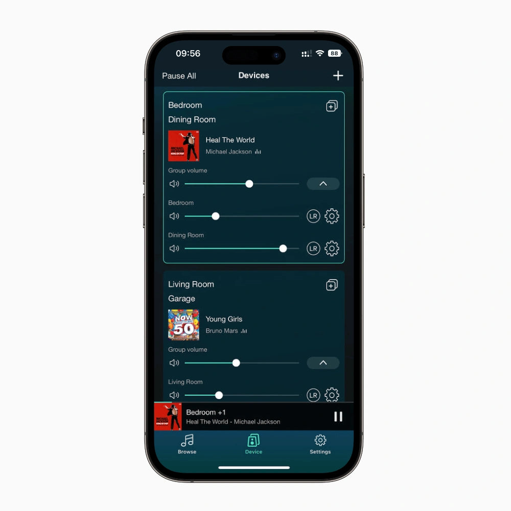 Arylic S10 multi-room music control, smartphone app interface allows independent or group volume adjustment in bedroom, living room, dining room, and more for whole-home synchronized or zone playback.