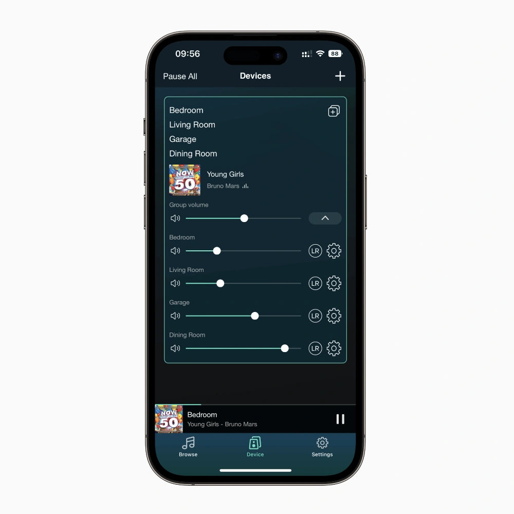 Arylic S10 multi-room control, adjust bedroom, living room, dining room, and garage volume via app.