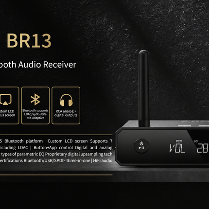 FiiO BR13 Bluetooth receiver product overview with LCD display and wired audio outputs.