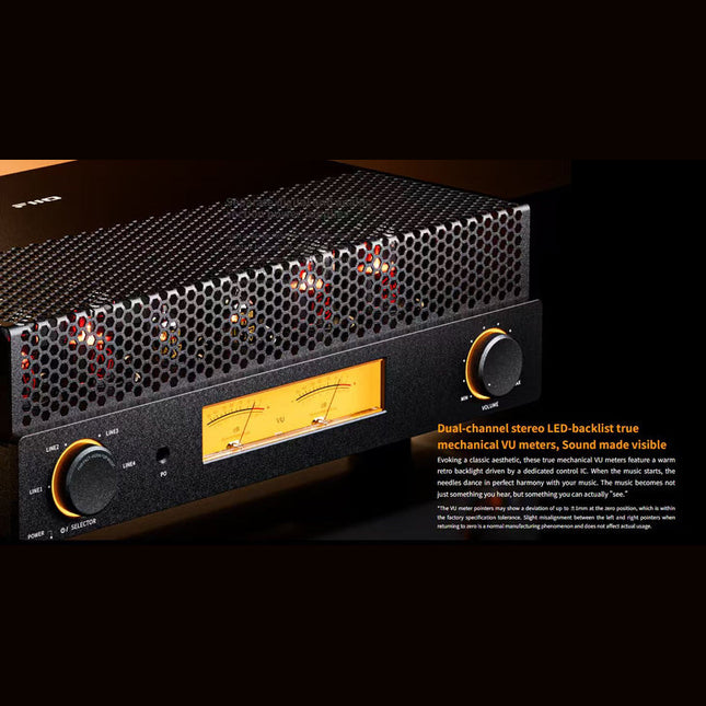 FiiO EA13 black tube amplifier with dual mechanical VU meters