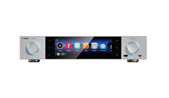 FiiO S15 Desktop Audio Streamer front view with 7.84-inch wide touchscreen and aluminum chassis.