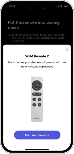 WiiM Remote 2 pairing screen on mobile app, showing option to pair remote for device control and music playback