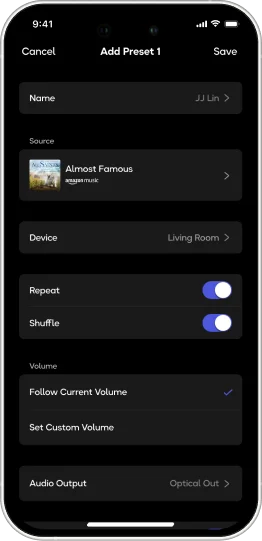 WiiM mobile app Add Preset screen showing music source, playback device, repeat, shuffle, volume, and audio output options