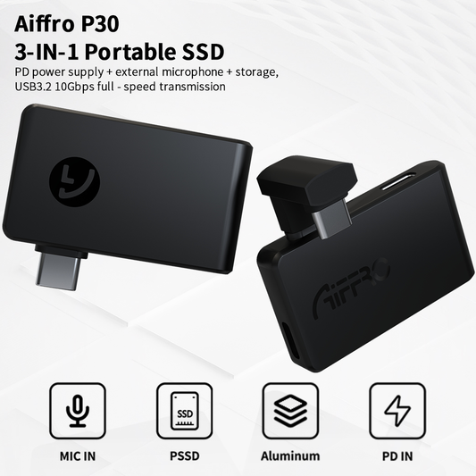 Aiffro P30 3 in 1 Portable SSD, Supports ProRes/Microphone,with PD interface, Up to 1000MB/S