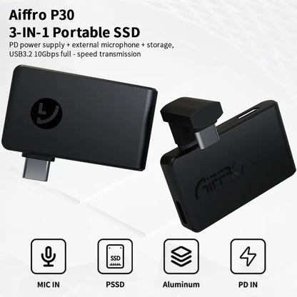 Aiffro P30 3 in 1 Portable SSD, Supports ProRes/Microphone,with PD interface, Up to 1000MB/S