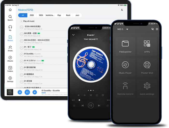 <h1>Mobile Controller App</h1><p>NEO S can be controlled by mobile phone and tablet APP. Besides, mobile phone APP can display Poster Wall, Music Player and system setting. Program search and system setting can be done in the background without affecting movie playback</p>